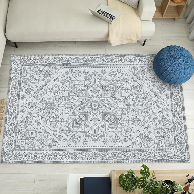 Washable Area Rug 4x6 Non-Slip Boho Rugs for Living Room Indoor Carpet for Front Porch, Kitchen, Laundry Room, Black and White