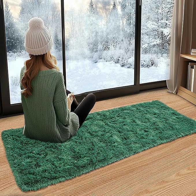 Small Runner Rugs for Bedroom Hallways, 2x4 Runners for Hallways Fluffy Shag Throw Area Rug Non Slip for Bedside Dorm, Shag Rugs for Girls Boys Bedroom, Floor Carpet Runner for Kids Dorm, Dark Green