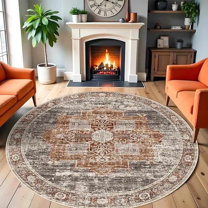 RUUGME Washable 6 ft Round Area Rug - Boho Rugs for Living Room Stain Resistant Carpet Vintage Tribal Rugs for Bedroom Kitchen Bathroom with Non Slip Backing Home Decor Floor Mat 6ft Brick