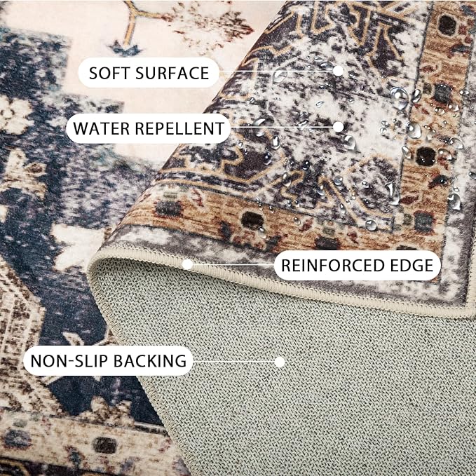 Washable 2x8 Area Rugs, Rugs for Living Room, Low-Pile Water&Stain Resistant Carpet Vintage Distressed Printed Non-Slip Carpet for Bedroom Bathroom Kitchen-Pink/Brown/Navy Blue/Black