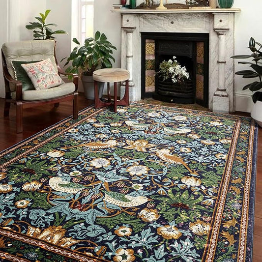 Strawberry Thief Area Rug Dark Green, Ultra Thin 5x7 Washable Rug, Modern Abstract Indoor Entryway Rug, Boho Vintage Floral Forest Botanical Accent Carpet for Bedroom Kitchen Dining Living Room