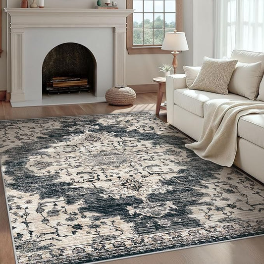 4x6 Area Rugs Washable Rug: Large Vintage Living Room Rug with Non-Slip Backing Low Pile Rugs Soft Indoor Floor Thin Carpet Non Shedding Neutral Carpets for Bedroom Dining Room Farmhouse Nursery Black