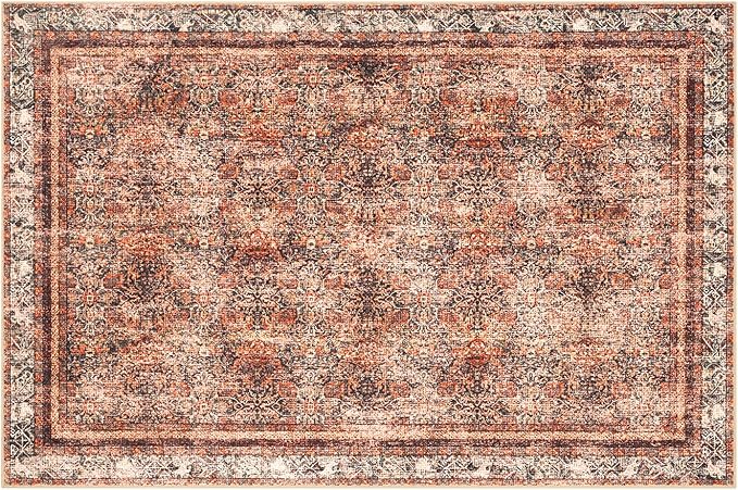 Phantoscope Vintage Collection Area Rug 6'x9' - Large Living Room Rug - Washable Rug Boho Rugs Non-Slip for Bedroom Dining Room, Low-Pile Floor Carpet Distressed Accent Rug, Brick Red/Black