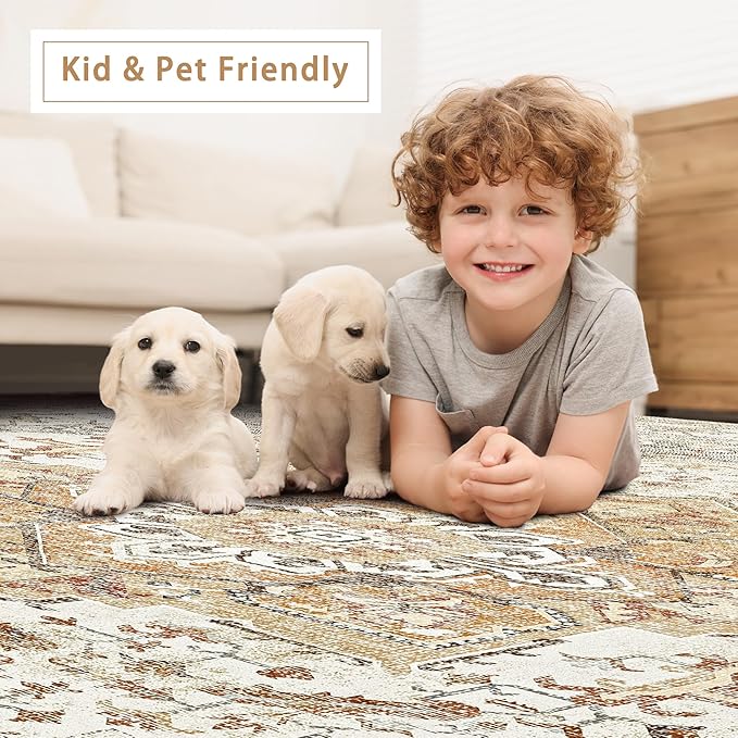 Washable Rugs 8x10 Area Rugs for Living Room,Rugs for Bedroom,Large Carpets,Ultra Soft Faux Wool Retro Dining Room Rug,Non Slip&Non-Shedding Low Pile Vintage Print Rug for Home Office,Turmeric