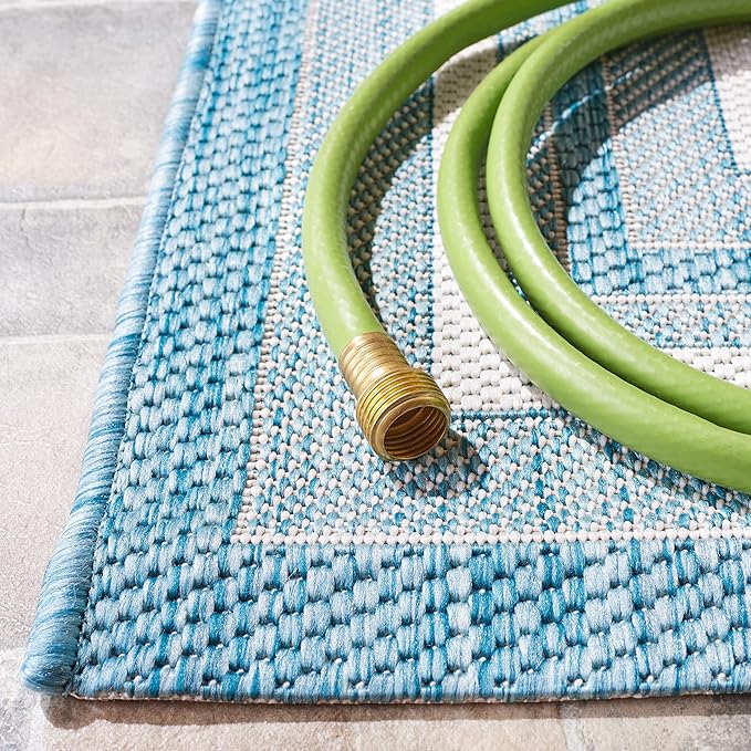 SAFAVIEH Courtyard Collection Runner Rug - 2'3" x 12', Ivory & Aqua, Geometric Pattern, Indoor/Outdoor & Washable, Ideal for Patio, Backyard, Mudroom (CY8475-53612-212)
