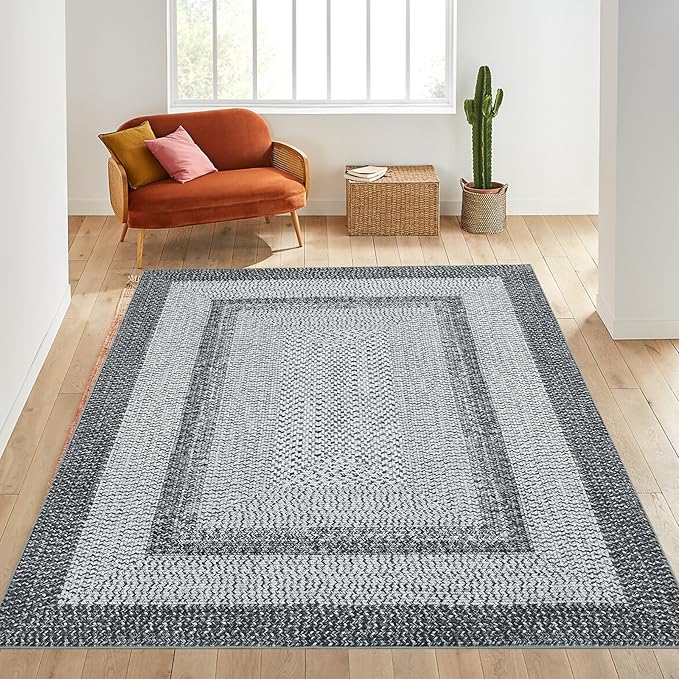 Printed Washable Rugs 3x5 Rug for Living Room Modern Rug Non Slip Entryway Rug Braided Pattern Soft Low Pile Non Shedding Stain Resistant Carpet for Bedroom Office Nursery 3'x5' Grey