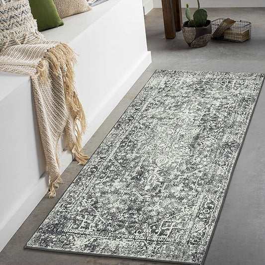 Morebes Vintage Black Bathroom Rug 2x4.3, Washable Bath Mat Non Slip Stain-Resistant Entryway Rug, Medallion Soft Low Pile Carpet Runner for Entrance Hallway Kitchen