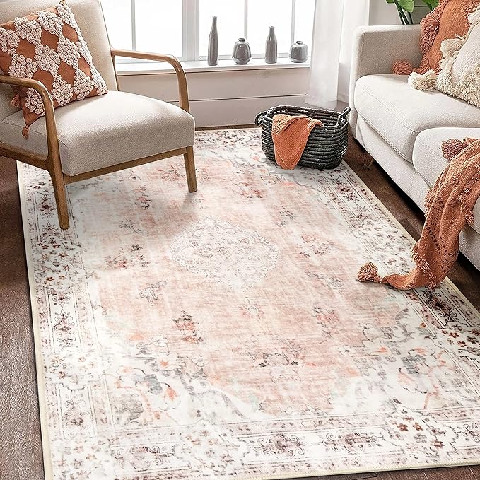 MUJOO Boho Rug 4'x6.5' Area Rugs for Bedroom Living Room Dining Room Pink Small Rugs Machine Washable Non Slip Carpet for Office Dorm Bedside Kitchen Laundry Room Floral