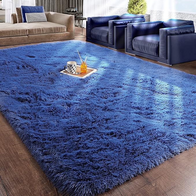 RUGTUDER 5x8 Navy Blue Shag Area Rug for Living Room, Super Soft Shaggy Rugs for Christmas Decor, Boys Playroom, Nursery Room, Upgrade Anti-Skid Plush Indoor Bedroom Floor Carpet