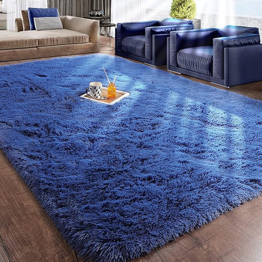 RUGTUDER 5x8 Navy Blue Shag Area Rug for Living Room, Super Soft Shaggy Rugs for Christmas Decor, Boys Playroom, Nursery Room, Upgrade Anti-Skid Plush Indoor Bedroom Floor Carpet
