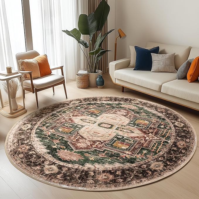 Washable 8ft Area Rugs, Rugs for Living Room, Low-Pile Water&Stain Resistant Carpet Vintage Distressed Printed Non-Slip Carpet for Bedroom Bathroom Kitchen-Green
