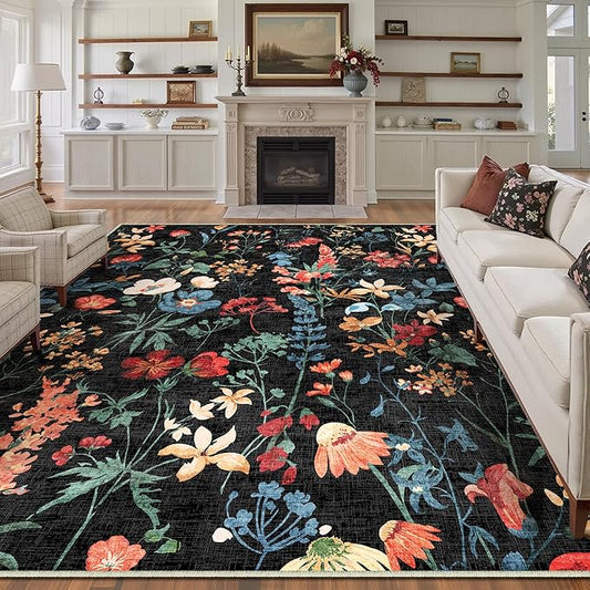 Black Area Rug 8x10 Floral Washable Living Room Kitchen Boho Carpet Non Slip Low Pile Indoor Accent Lightweight Soft Throw Rug for Bedroom Office Dining Room Nursery Farmhouse