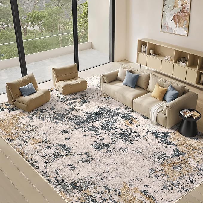 Area Rugs for Living Room: 8x10 Abstract Washable Rug Large Soft Stain Resistant Non-Slip Backing for Bedroom Dining Room Indoor Home Office Carpet for Kids Pet Friendly Families - Grey Gold
