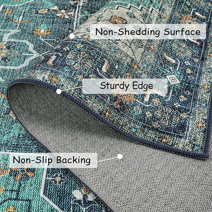Moynesa Ultra-Thin Washable Area Rug - 2x3 Teal Small Entryway Rug Front Indoor Doormat, Boho Non-Slip Stain Resistance Low Pile Accent Carpet for Kitchen Bathroom Home Laundry Room Hall Decor