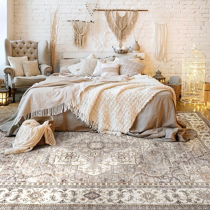 Washable Area Rugs for Living Room - 5x7 Neutral Vintage Distressed Floral Farmhouse Boho Large Soft Floor Rug Indoor Non Slip Carpet for Bedroom Dining Room Office - Grey