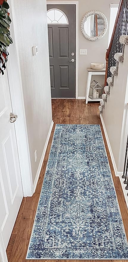 Morebes Vintage 2x8 Runner Rug for Hallways Non Slip, Washable Kitchen Runner Rugs Distressed Bath Mat, Medallion Indoor Floor Carpet for Entryway Laundry Foyer, Deep Blue