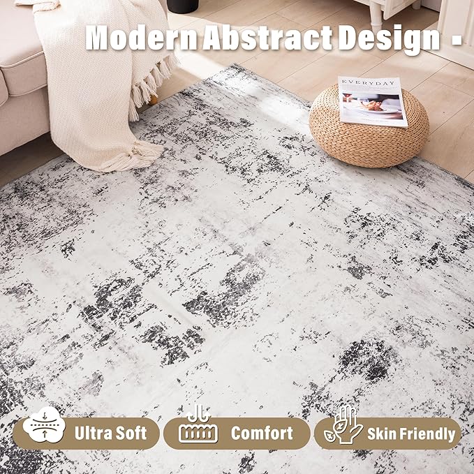 Carvapet Rugs for Living Room, Modern Abstract Low Pile Large Carpet with Rubber Backing, Foldable, Non Slip Machine Washable (9 x 6 Feet Rectangular, Grey Area Rug)