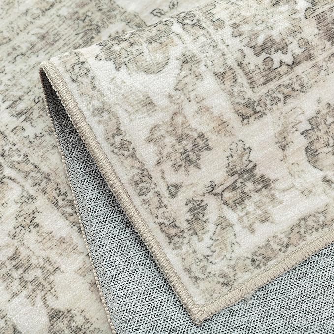 2x3 Washable Neutral Area Rug Taupe Entryway Kitchen Non-Slip Low Pile Floral Carpet Door Mat Vintage Soft Thin Small Throw Rug for Bathroom Bedroom Indoor Entrance