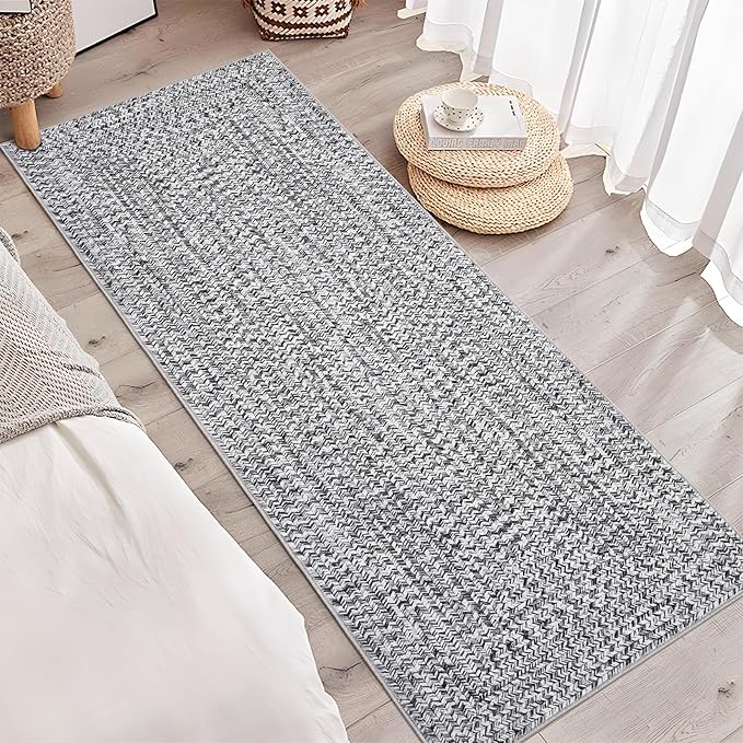 Printed Washable Rugs Runner Rug 2x8 Rug for Living Room Bathroom Rugs Modern Imitation Braided Bedroom Rug Non Slip Geometric Area Rug Kitchen Rugs Stain Resistant Carpet 2'x8' Light Grey