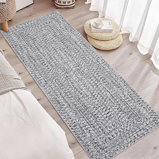 Printed Washable Rugs Runner Rug 2x8 Rug for Living Room Bathroom Rugs Modern Imitation Braided Bedroom Rug Non Slip Geometric Area Rug Kitchen Rugs Stain Resistant Carpet 2'x8' Light Grey