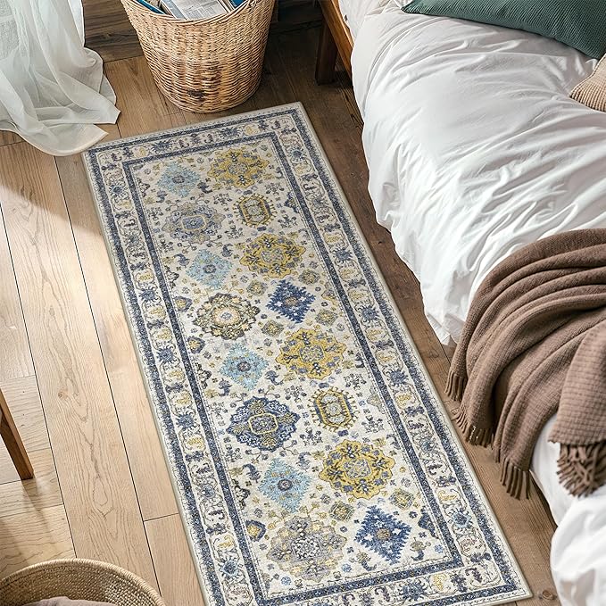 2x5 Runner Rug Non Slip, Machine Washable Rug Runners for Hallways, Vintage Distressed Print Kitchen Runner, Low Pile Lightweight Carpet Runner for Entryway, Laundry, Bedroom, Bathroom Ivory Blue
