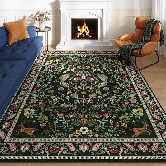9x12 Area Rugs for Living Room Washable Rug Floral Non-Slip Large Rug for Living Room, Bedroom, Farmhouse, Dining Room, Kids Playroom (Emerald Green)