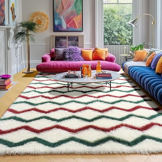 RUGTUDER Soft Fluffy Rugs for Bedroom, Washable Fuzzy Furry Rugs for Living Room, 4x6 Non Slip Striped Geometric Shaggy Rug for Living Room Girls Boys Dorm Classroom Nursery Decor, White Red Green