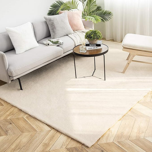 Ashler Faux Fur Rug, Ultra Soft Faux Rabbit Fur, Beige Area Rugs, 5 x 7 Feet Rectangle, Machine Washable Nursery Decor Throw Rugs for Bedroom, Kids Room, Living Room