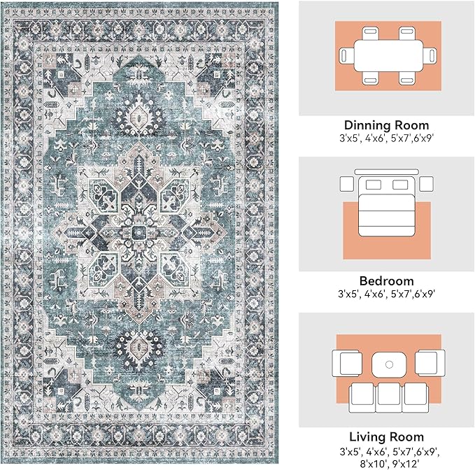 Washable Rug 8x10, Machine Washable Area Rugs with Non Slip Bottom, Vintage Rug for Living Room Bedroom, Traditional Print Floral Carpet Stain Resistant, Green Navy Boho Rug, 8 x 10 Carpet