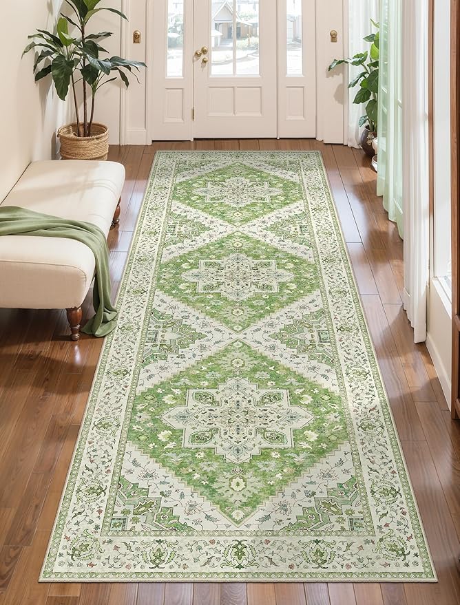 2.6x8 Washable Runner Rug for Hallways, Non Slip Vintage Runner Rug, Soft Low Pile Long, Print Distressed Green Carpet Runners for Kitchen Bedroom Entryway Bathroom Living Room