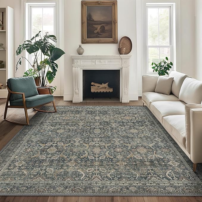 10X14 Area Rugs Machine Washable Rugs for Living Room, Vintage Boho Large Rugs for Bedroom Dining Room, Non Slip Indoor Soft Distressed Lightweight Thin Low Pile Carpet, Deep
