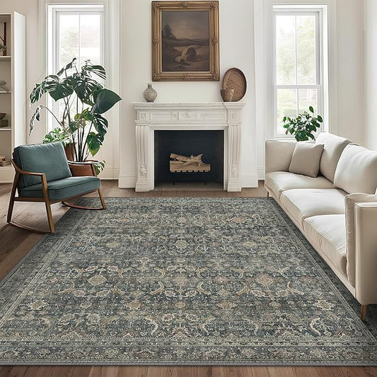 10X14 Area Rugs Machine Washable Rugs for Living Room, Vintage Boho Large Rugs for Bedroom Dining Room, Non Slip Indoor Soft Distressed Lightweight Thin Low Pile Carpet, Deep