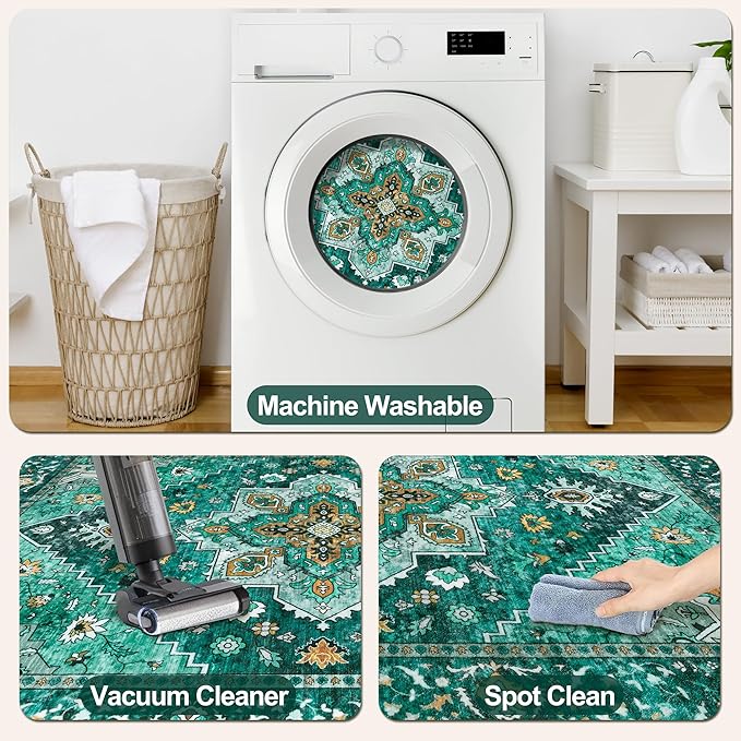 2.6x8 Washable Runner Rug for Hallways, Non Slip Vintage, Soft Low Pile Long Rug Runner, Print Distressed Emerald Carpet Runners for Kitchen Bedroom Entryway Bathroom Living Room