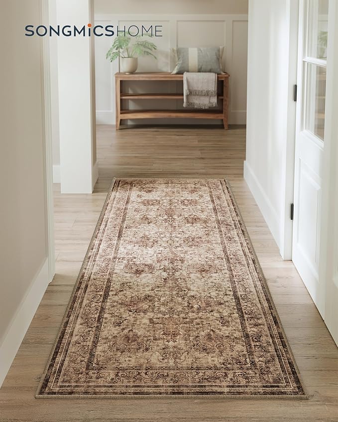 SONGMICS HOME Area Rug, 2x6 ft Living Room Rug, Non-Slip Carpet, Farmhouse Style Rug, Home Decor, for Bedroom, Kitchen, Entryway, Dining Room, Machine Washable, Cappuccino Beige UTAR082K01