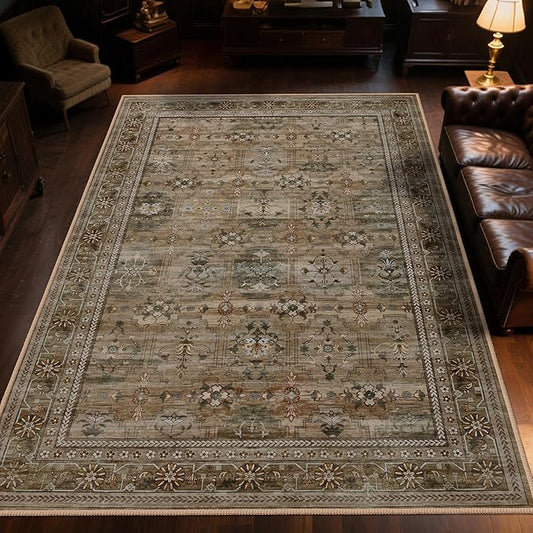4x6 Area Rug for Bedroom Machine Washable, Non Slip Vintage Floral Kitchen Rugs for Dining Room, Low Pile Indoor Floor Print Carpet for Nursery Farmhouse Home Office Olive/Charcoal