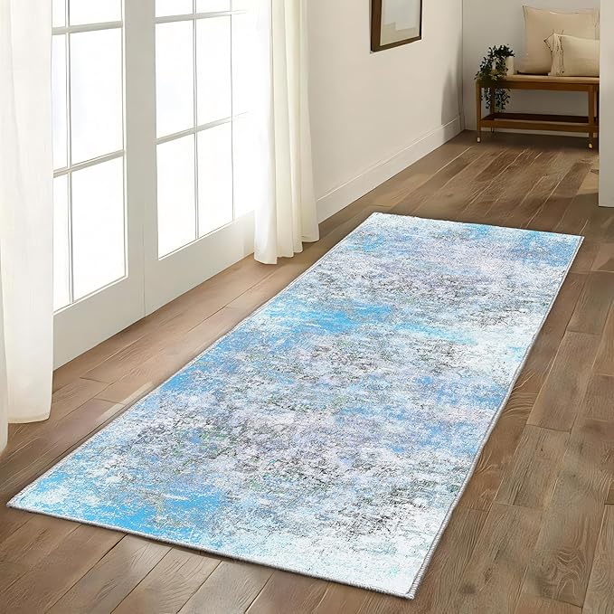2x6 Runner Rug Abstract Washable Hallway Entryway Runner Rug Accent Print Ultra Soft Kitchen Runner Rug 6 Feet Non-Slip Boho Rug Runners for Laundry Room Entrance, Blue/Multi