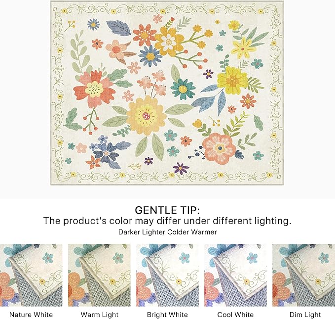 Bavni 4x6 Rugs for Living Room, Lightweight Machine Washable Non Slip Area Rug, Foldable Floral Rugs for Bedroom Dining Room Kids Room, Ultra-Thin Aesthetic Boho Soft White