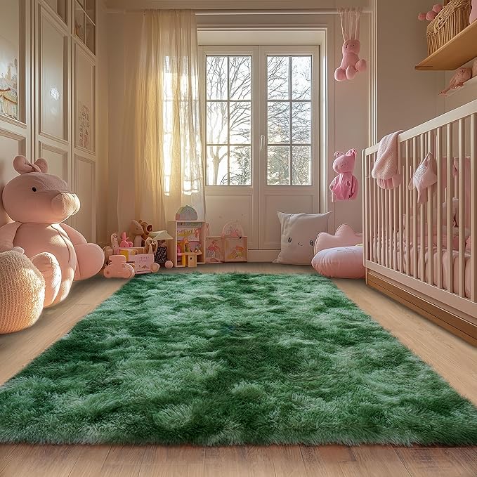 Tie-Dyed Fluffy Green Rug for Bedroom 8x10 ft Large - Ultra Soft & Non Slip Shaggy Area Rug, Comfy Durable Carpet for Living Room Kids Room Teens Dorm Home Decor, 1.7'' Thick Indoor Plush Carpets
