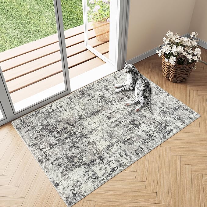 2x3 Entryway Rug Machine Washable Area Rug Grey Small Rugs 3D Textured Rug Entrance Door Mat Abstract Low Pile Carpet Kitchen Bedroom Hallway Non Slip