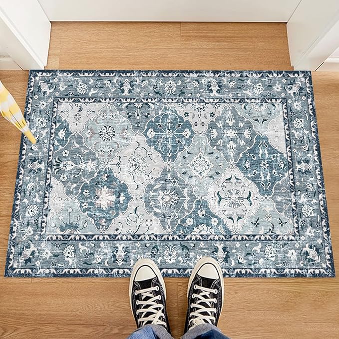 Washable Boho Vintage Area Rugs 2×3 Non-Slip Traditional Blue Area Rug Doormat for Bathroom Kitchen Entryway
