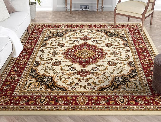 Well Woven Barclay Collection Medallion Kashan Ivory 5x7 Area Rug - for Living Room, Bedroom, and Dining Room