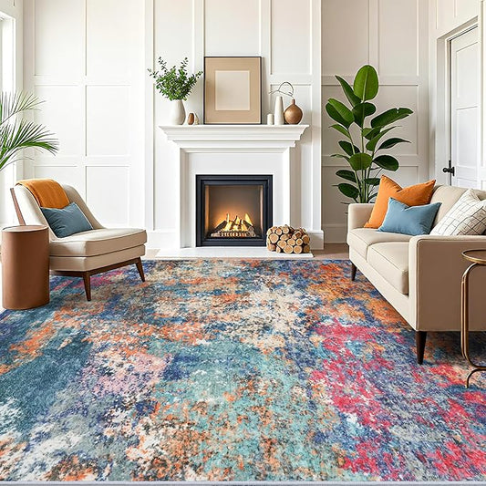 Washable Area Rug 10x12 Abstract - Large Soft Rugs for Living Room Modern Colorful Indoor Mat Non Slip Low Pile Carpet for Bedroom Stain Resistant Thin Floor Mats for Dining Room 10x12 Colorful/Multi