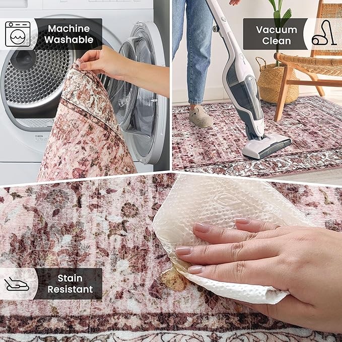 Small Area Rug 2x3 Entryway Doormat Floral Machine Washable Low Pile Non Slip Throw Rug for Kitchen Bedroom Laundry Room, Pink