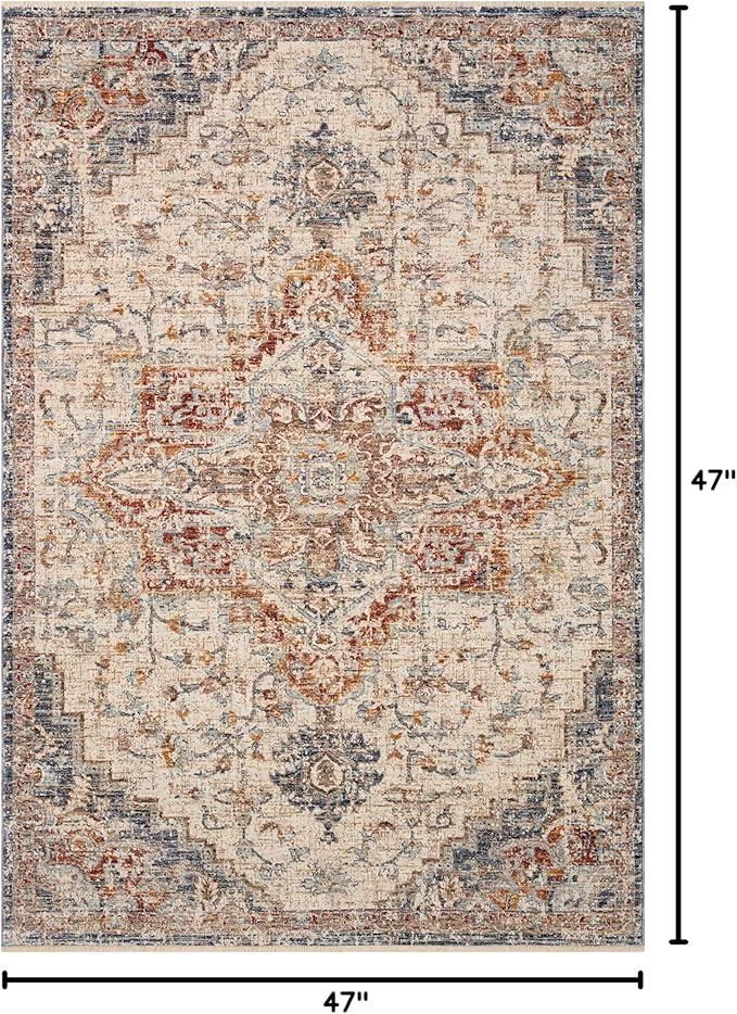 Loloi Sorrento Collection 3'-11" x 3'-11" Round Accent Rug in Ivory/Fiesta - Vintage Inspired Patterned Area Rug, Unique Area Rug for Living Room, Bedroom, Dining Area