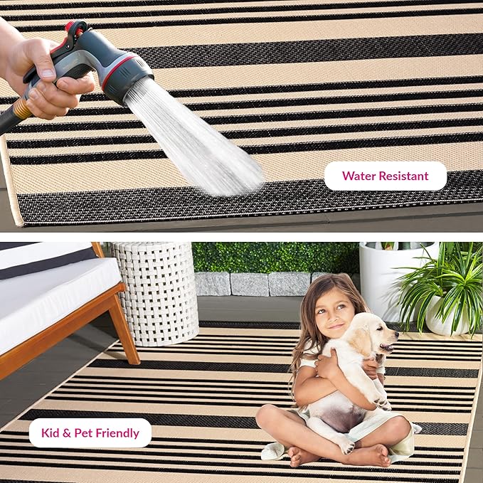 SAFAVIEH Courtyard Collection Area Rug - 8' x 10', Black & Bone, Stripe Design, Non-Shedding & Easy Care, Indoor/Outdoor & Washable-Ideal for Patio, Backyard, Mudroom (CY6062-216)