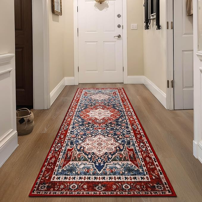YJ.GWL Area Rug 2.6x8, Machine Washable Hallway Runner Rug, Boho Floral Vintage Distress Print Pattern Carpet, Low Pile Lightweight Thin Rugs for Entryway, Kitchen and Corridor, Red