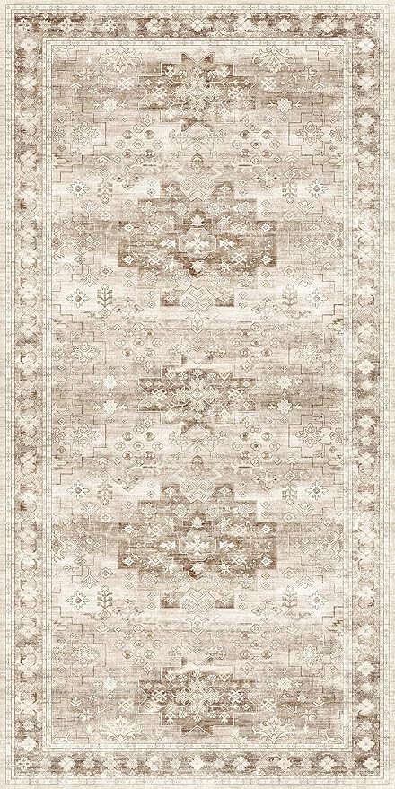 2x4 Boho Runner Rug, Neutral Farmhouse Entryway Rugs, Small Throw Runners for Hallway Bedroom Kitchen, Vintage Floral Design & Non-Slip Low-Pile Washable Stain Resistant Beige Latte