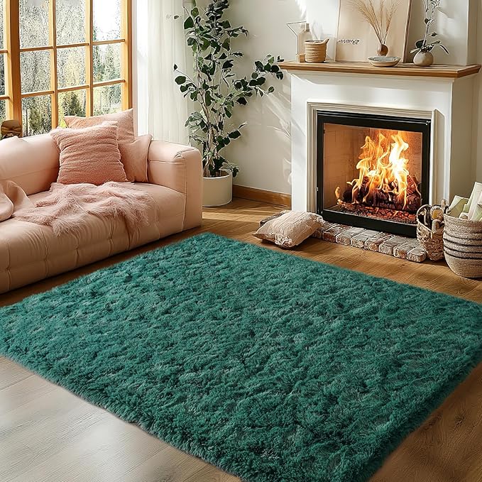 Zentavio Emerald Green Rugs for Bedroom 4x6 Dark Green Area Rugs for Living Room Fluffy Fake Grass Carpet for Kids Room Playroom Furry Shag Aesthetic Soft High Pile Washable Home Decor