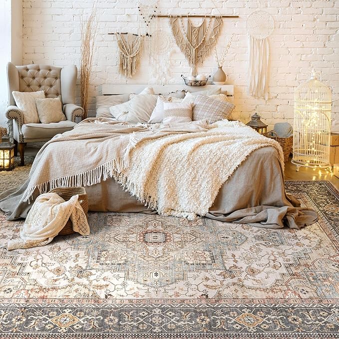 Washable Area Rugs for Living Room - 10x14 Neutral Vintage Distressed Floral Farmhouse Boho Large Soft Floor Rug Indoor Non Slip Carpet for Bedroom Dining Room Office - Green