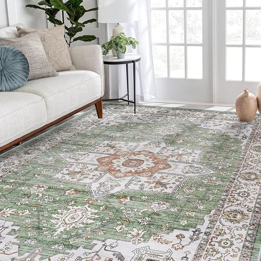 RUUGME Living Room Rugs 5x7 - Washable Area Rug Stain Resistant Carpet Vintage Indoor Ultra-Thin Rugs for Bedroom Kitchen entryway with Non Slip Backing Home Decor Small Mat 5x7 Sage